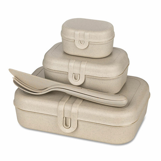 Koziol Lunchbox-Set + Besteck-Set Pascal Ready, Brotdose, Kunststoff-Holz-Mix, Nature Desert Sand, 7168700