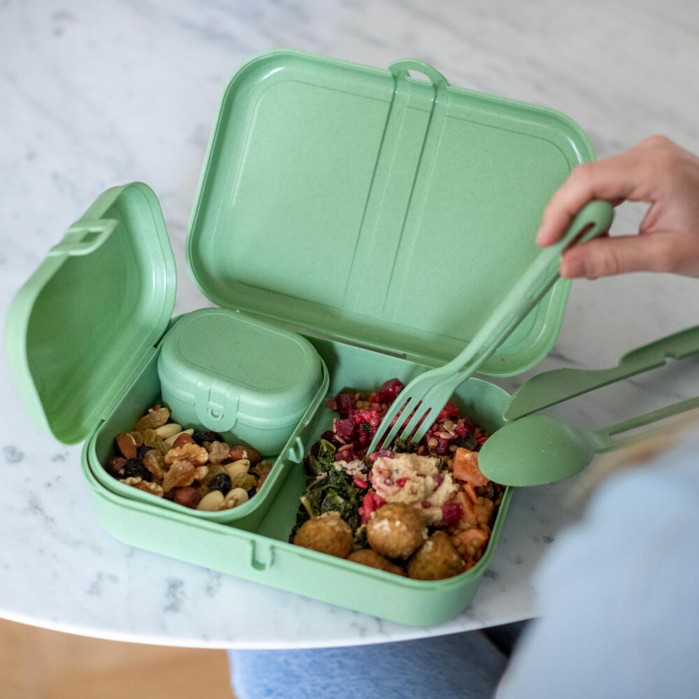 Koziol Lunchbox-Set + Besteck-Set Pascal Ready, Brotdose, Kunststoff-Holz-Mix, Nature Leaf Green, 7168703