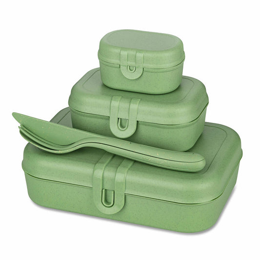 Koziol Lunchbox-Set + Besteck-Set Pascal Ready, Brotdose, Kunststoff-Holz-Mix, Nature Leaf Green, 7168703