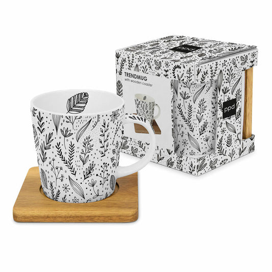 PPD Pure Leaflet White Trend Mug Nature, mit Holzuntersetzer, Tasse, Teetasse, Kaffee Becher, 350 ml, 604570