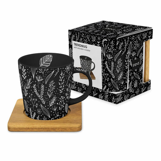 PPD Pure Leaflet black Trend Mug Nature, mit Holzuntersetzer, Tasse, Teetasse, Kaffee Becher, 350 ml, 604569