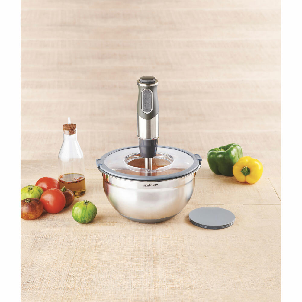 Mastrad mixing bowl with splash guard and fresh-keeping lid, bowl, stainless steel, plastic, 24 cm, F29464