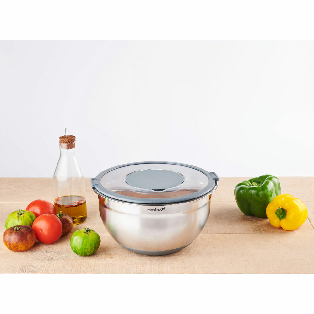 Mastrad mixing bowl with splash guard and fresh-keeping lid, bowl, stainless steel, plastic, 24 cm, F29464