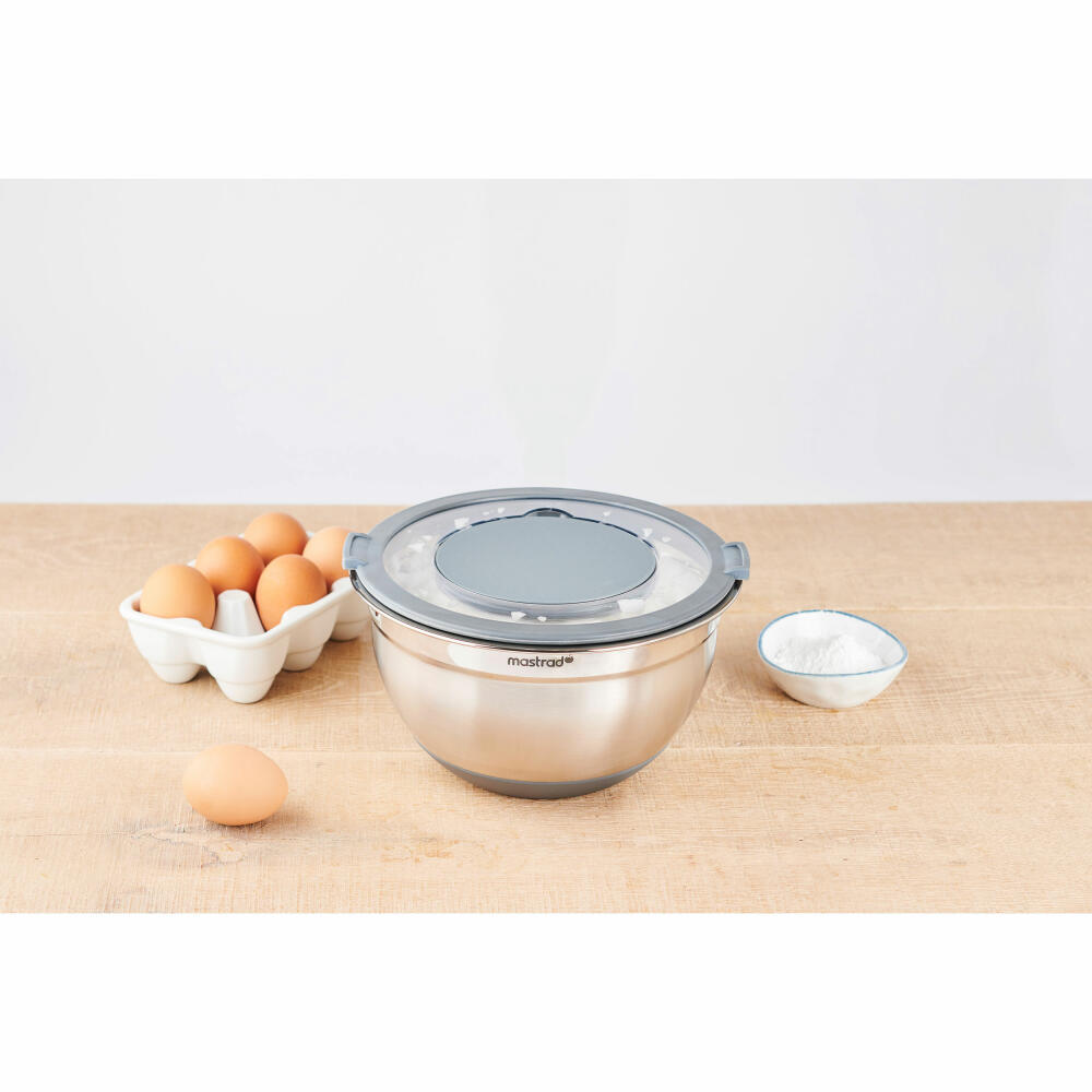 Mastrad mixing bowl with splash guard and fresh-keeping lid, bowl, stainless steel, plastic, 24 cm, F29464