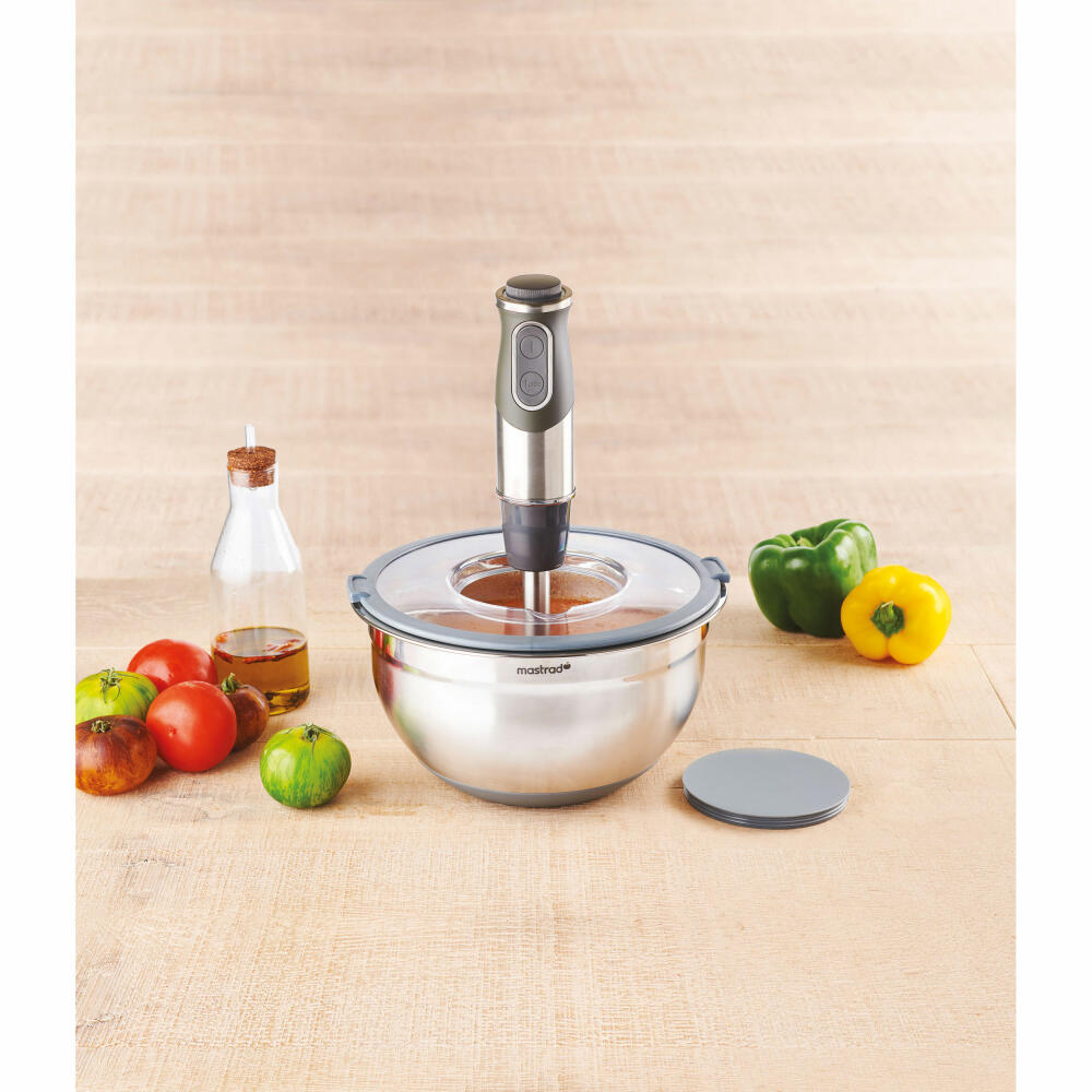 Mastrad mixing bowl with splash guard and fresh-keeping lid, bowl, stainless steel, plastic, 24 cm, F29464