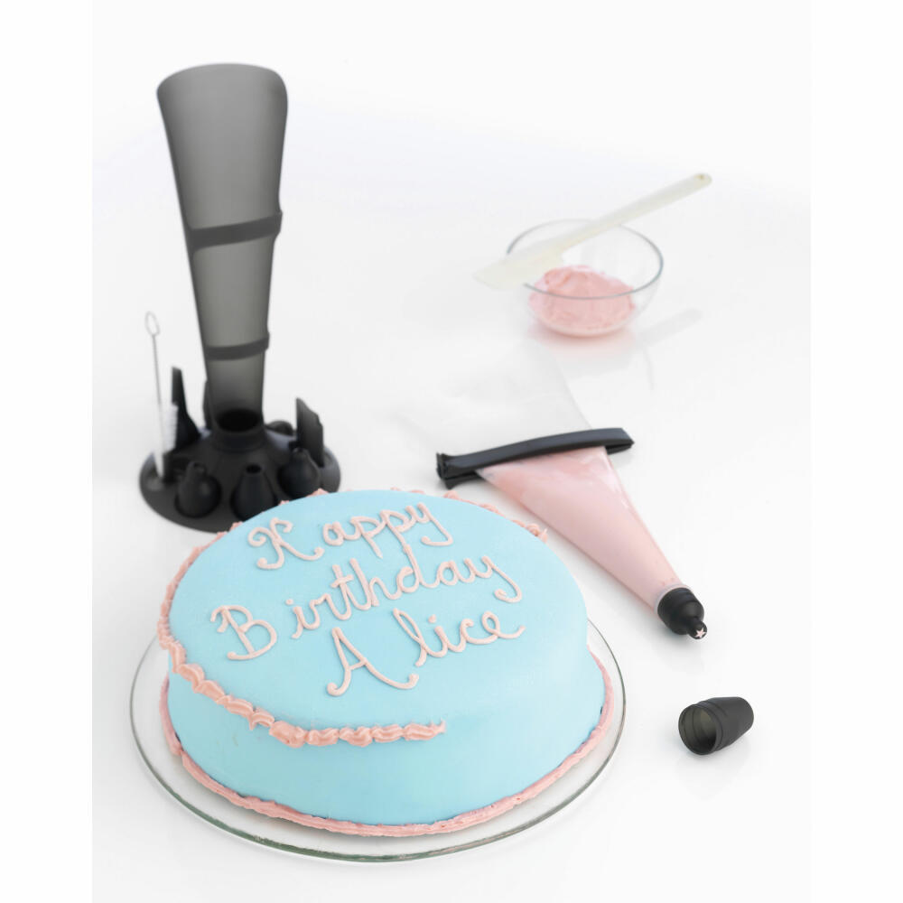 Mastrad piping bag set 1000 &amp; 500 ml, with stand and accessories, 12 pcs., piping bag, silicone, plastic, smoke grey, F38201