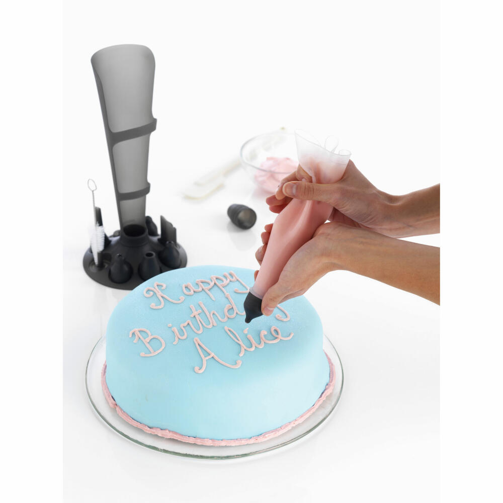 Mastrad piping bag set 1000 &amp; 500 ml, with stand and accessories, 12 pcs., piping bag, silicone, plastic, smoke grey, F38201