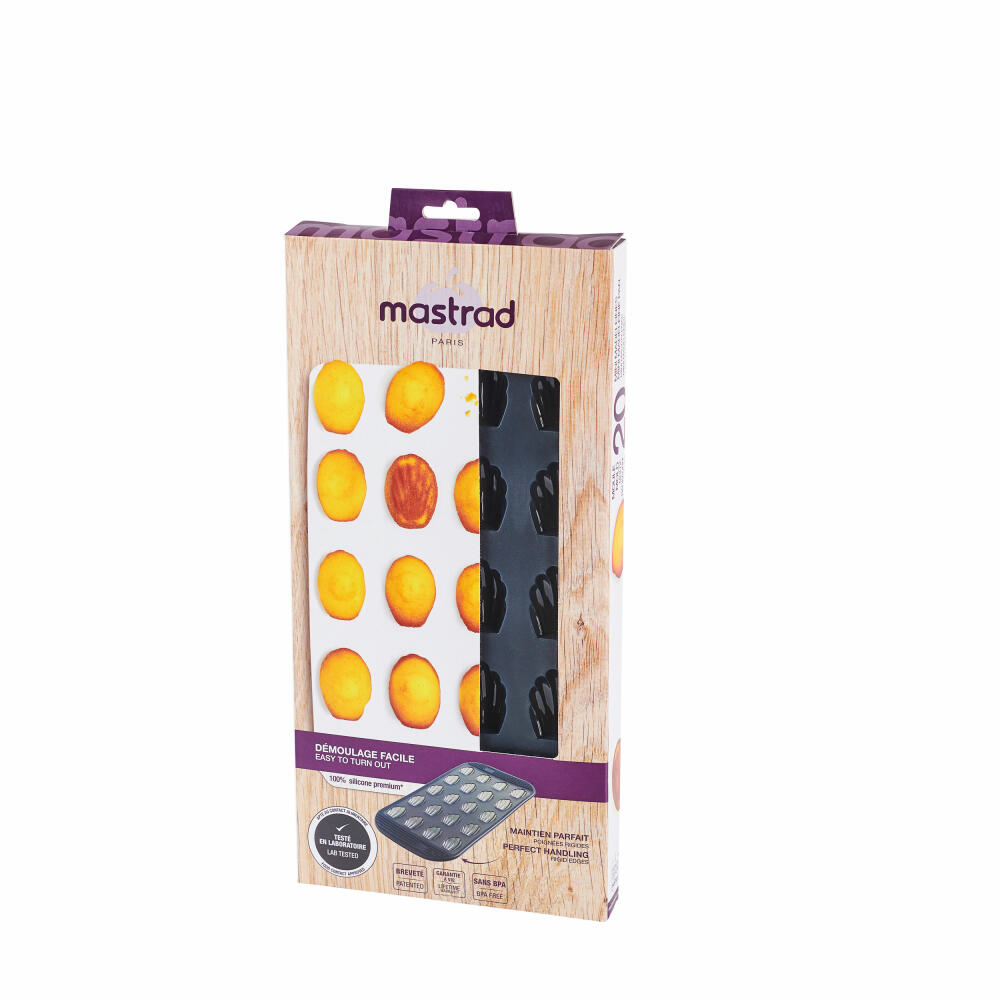 Mastrad Baking Pan for 20 Mini Madeleines, Pastry Mold, Baking Tray, Silicone Mold, Silicone, Gray Transparent, F43214
