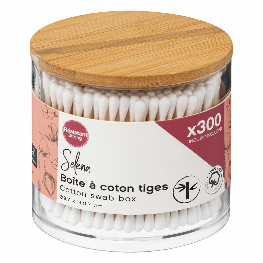5five Simply Smart cotton swab dispenser Selena with 300 sticks, cosmetic dispenser, plastic, bamboo, 9.7 cm, 174860