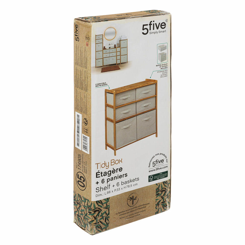5five Simply Smart Regal Tidy Box mit 6 Körben, Bambus, Polyester, Baumwolle, Braun, 66 x 33 x 78 cm, 174905