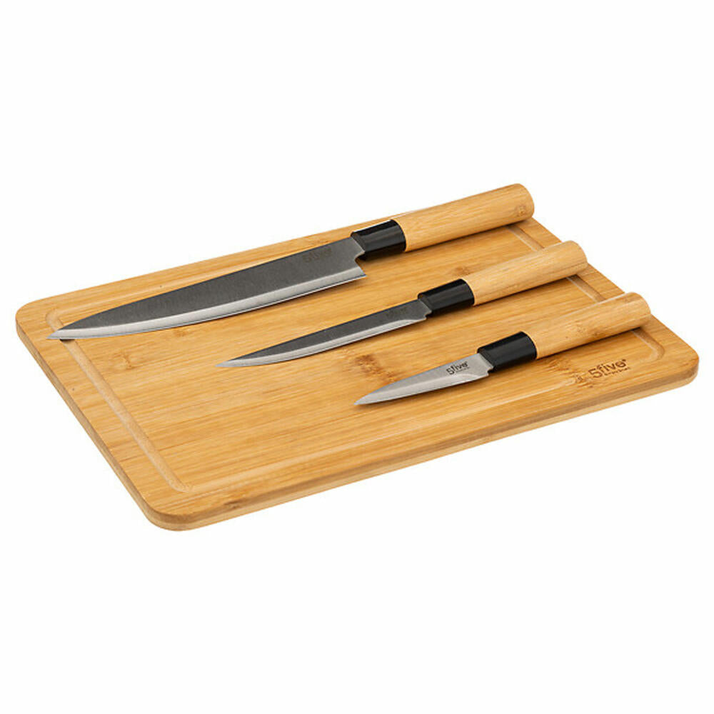 5five Simply Smart Cutting Board Set Black Bamboo with 3 Knives, Bamboo, Stainless Steel, Brown, 35 x 25 cm, 151484