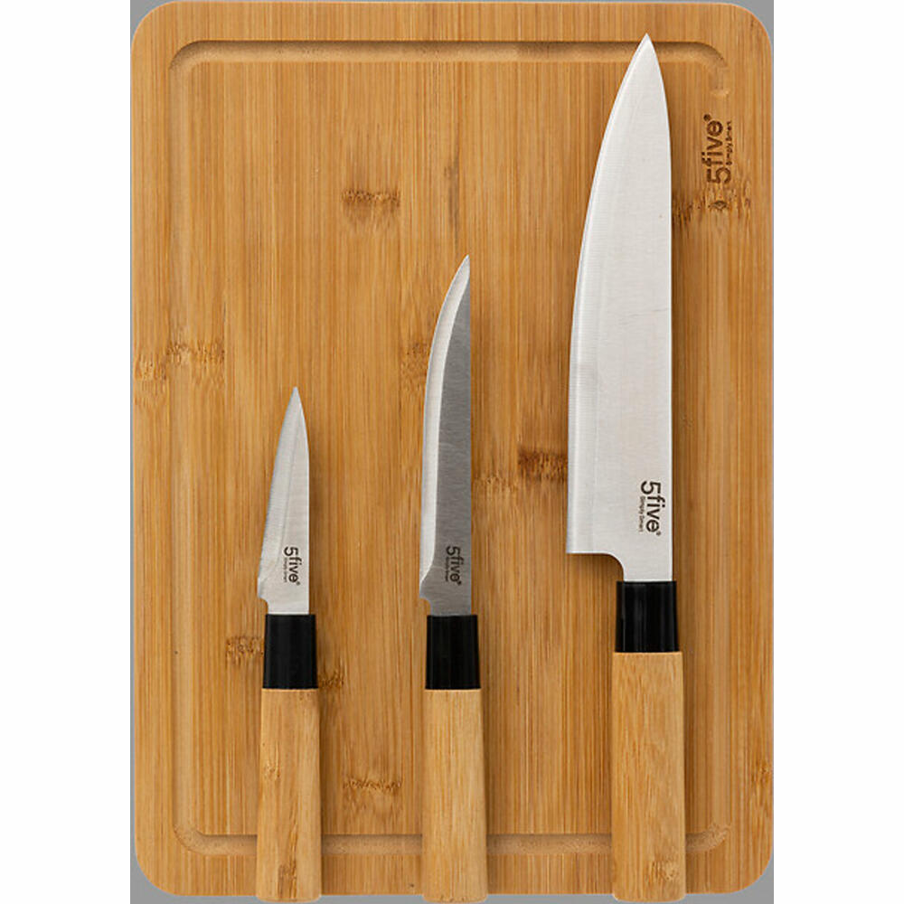 5five Simply Smart Cutting Board Set Black Bamboo with 3 Knives, Bamboo, Stainless Steel, Brown, 35 x 25 cm, 151484