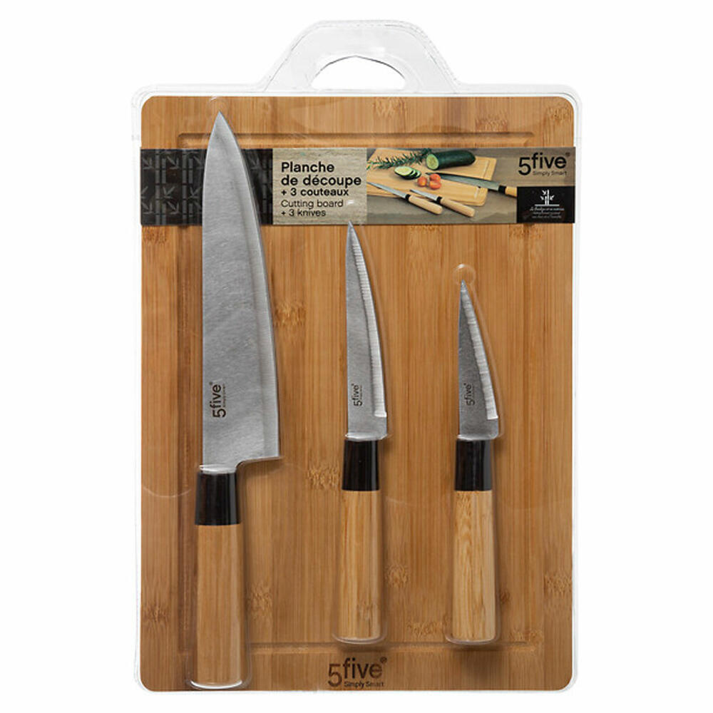 5five Simply Smart Cutting Board Set Black Bamboo with 3 Knives, Bamboo, Stainless Steel, Brown, 35 x 25 cm, 151484
