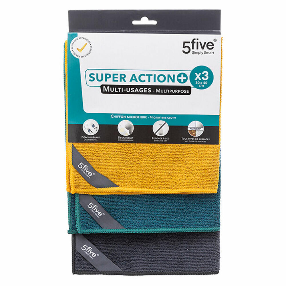 5five Simply Smart Microfiber Cloth Set 3-piece, Cleaning Cloths, Polyester, Multi-colored, 30 x 40 cm, 164764