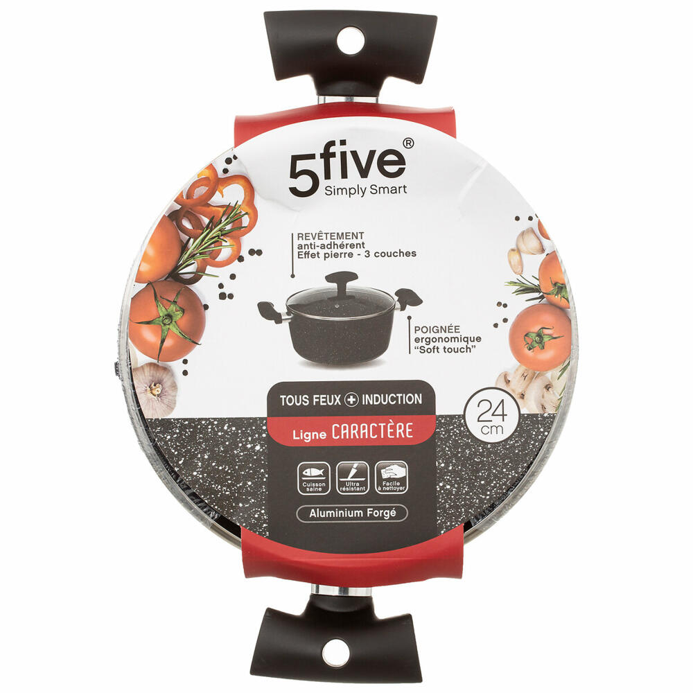 5five Simply Smart Caractere casserole with lid, cooking pot, aluminum, plastic, glass, black, 24 cm, 111008