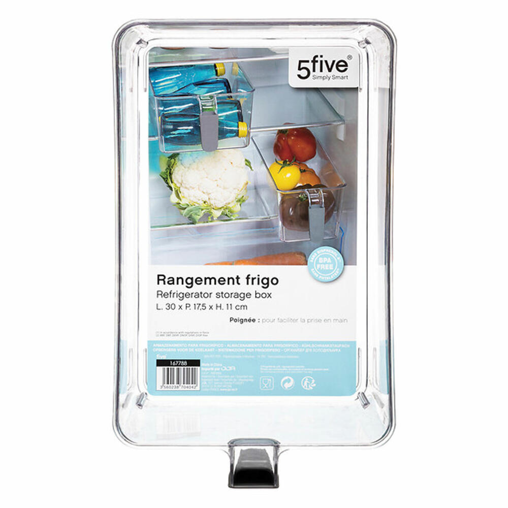 5five Simply Smart Refrigerator Storage Box L with Handle, PET Plastic, Rubber, Transparent, 167788