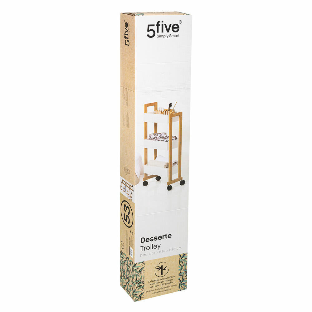 5five Simply Smart Serving Trolley Natureo, Rolling Shelf with 3 Levels, MDF, Bamboo, Plastic, White, 80 cm, 140853