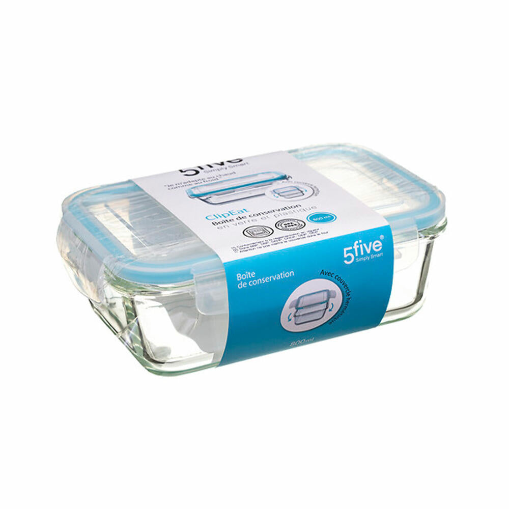 5five Simply Smart Clipeat food storage container, glass, plastic, blue, 800 ml, 135005