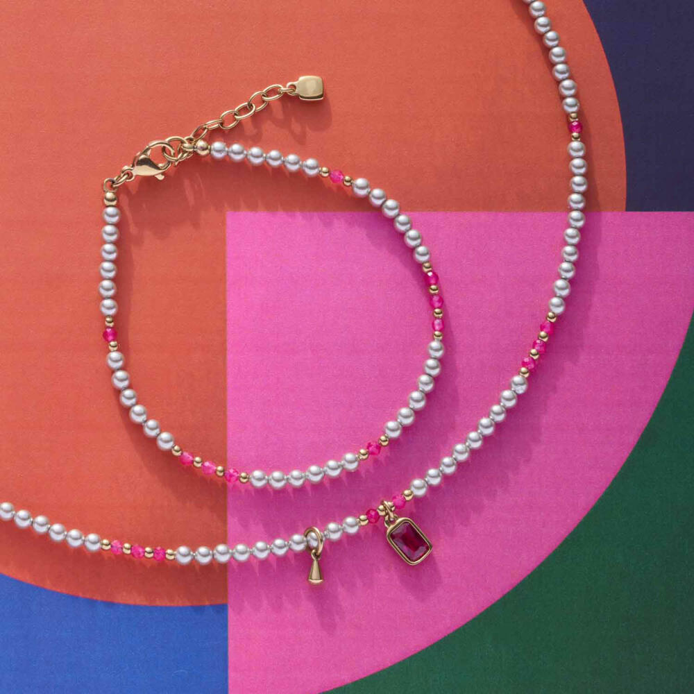 Leonardo Halskette 42 Gold Pinky Ciao, Kette, Schmuck, Edelstahl Gold, Glassteine, Perlen, 024974