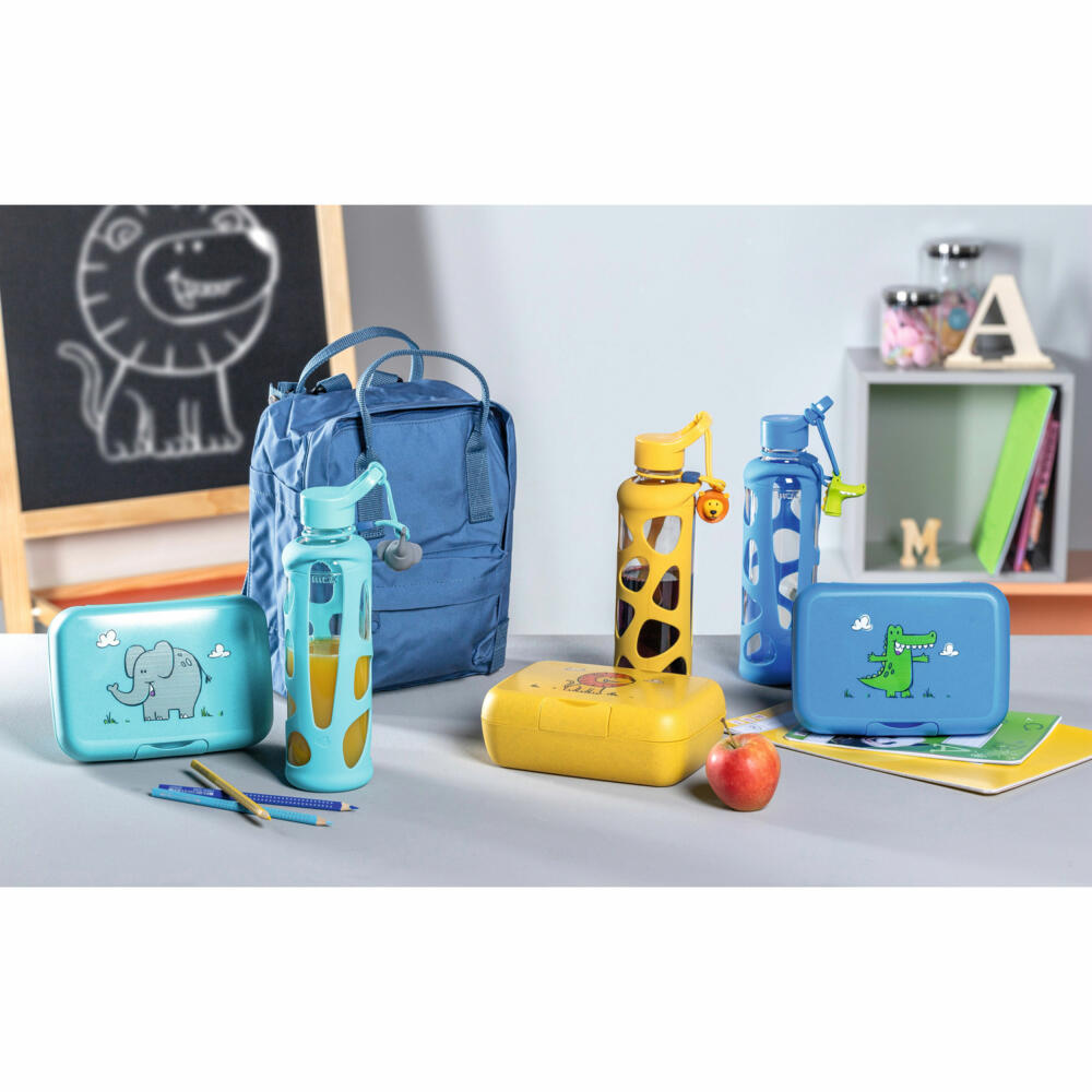 Leonardo Trinkflasche Bambini Elefant, Kindertrinkflasche, Glas, Silikon, türkis, 500 ml, 028831