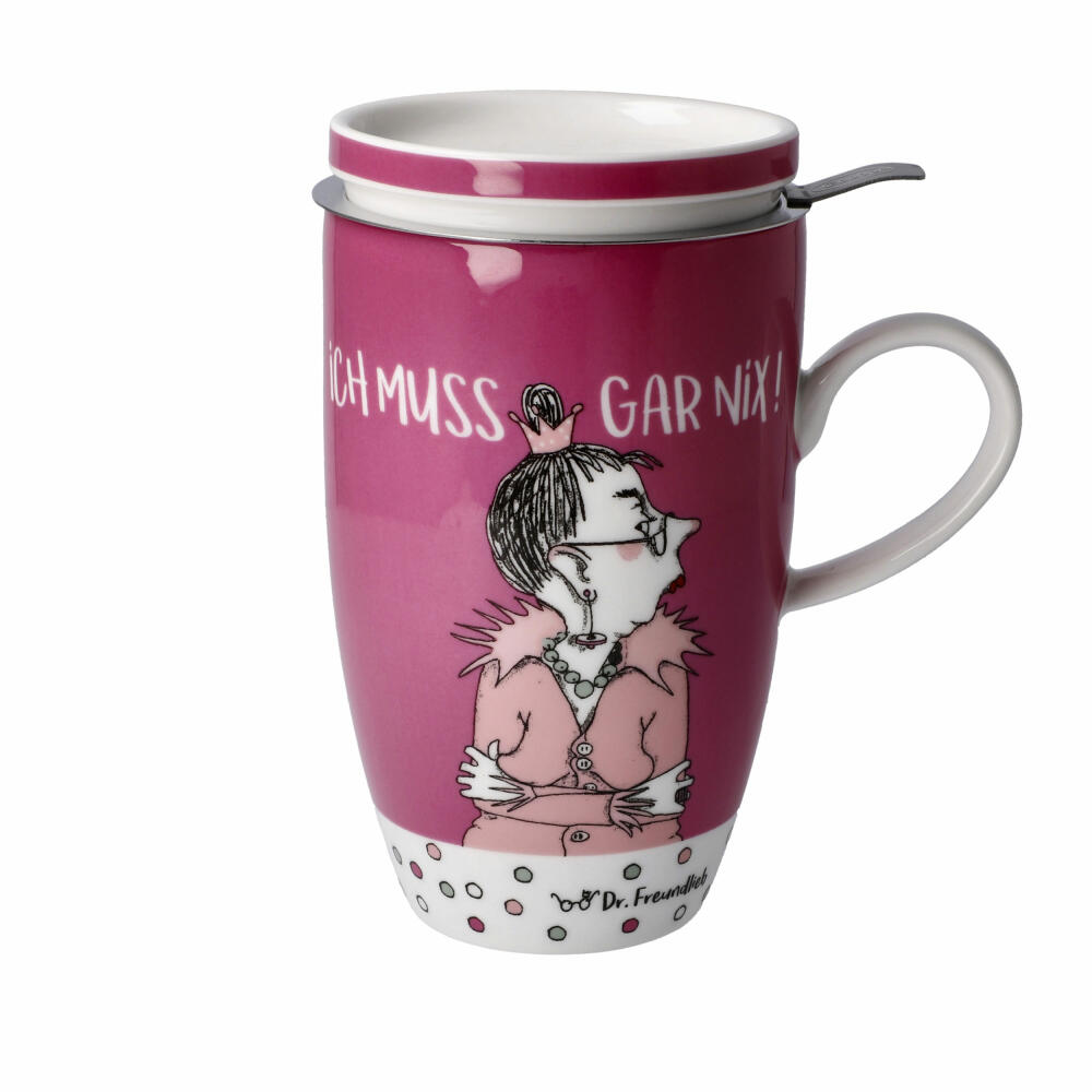 Goebel Teetasse mit Deckel und Sieb Barbara Freundlieb - Ich muss gar nix, Fine Bone China, Bunt, 450 ml, 27001251
