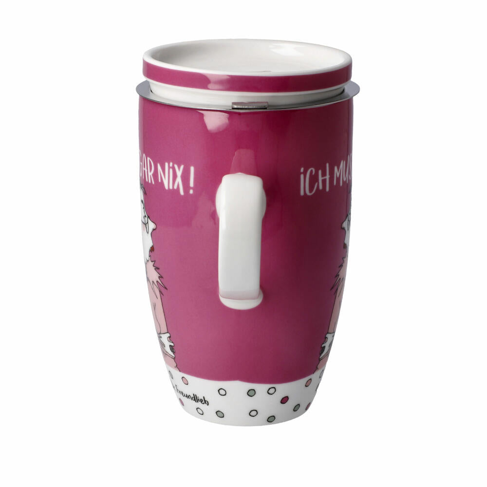 Goebel Teetasse mit Deckel und Sieb Barbara Freundlieb - Ich muss gar nix, Fine Bone China, Bunt, 450 ml, 27001251