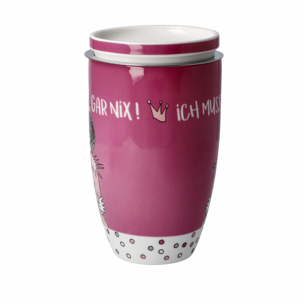 Goebel Teetasse mit Deckel und Sieb Barbara Freundlieb - Ich muss gar nix, Fine Bone China, Bunt, 450 ml, 27001251