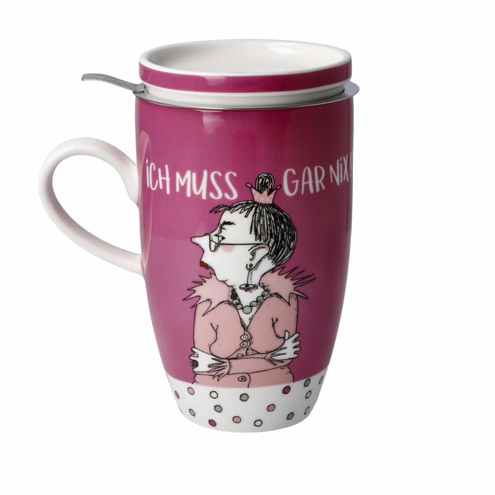Goebel Teetasse mit Deckel und Sieb Barbara Freundlieb - Ich muss gar nix, Fine Bone China, Bunt, 450 ml, 27001251