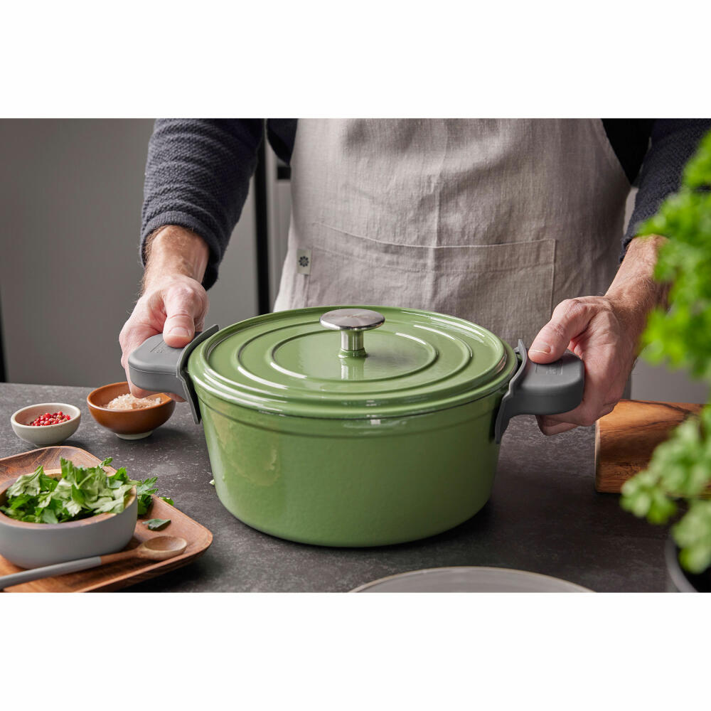 Berndes b.iron Bräter Kochtopf Rund, Schmortopf, Topf, Induktionsgeeignet, Gusseisen, Grün, Ø 26 cm, 034257