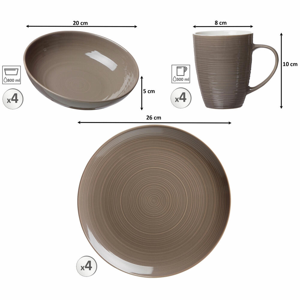 Ritzenhoff &amp; Breker combination set Suomi, 12-piece, combination service, tableware set, service, porcelain, taupe, 318548