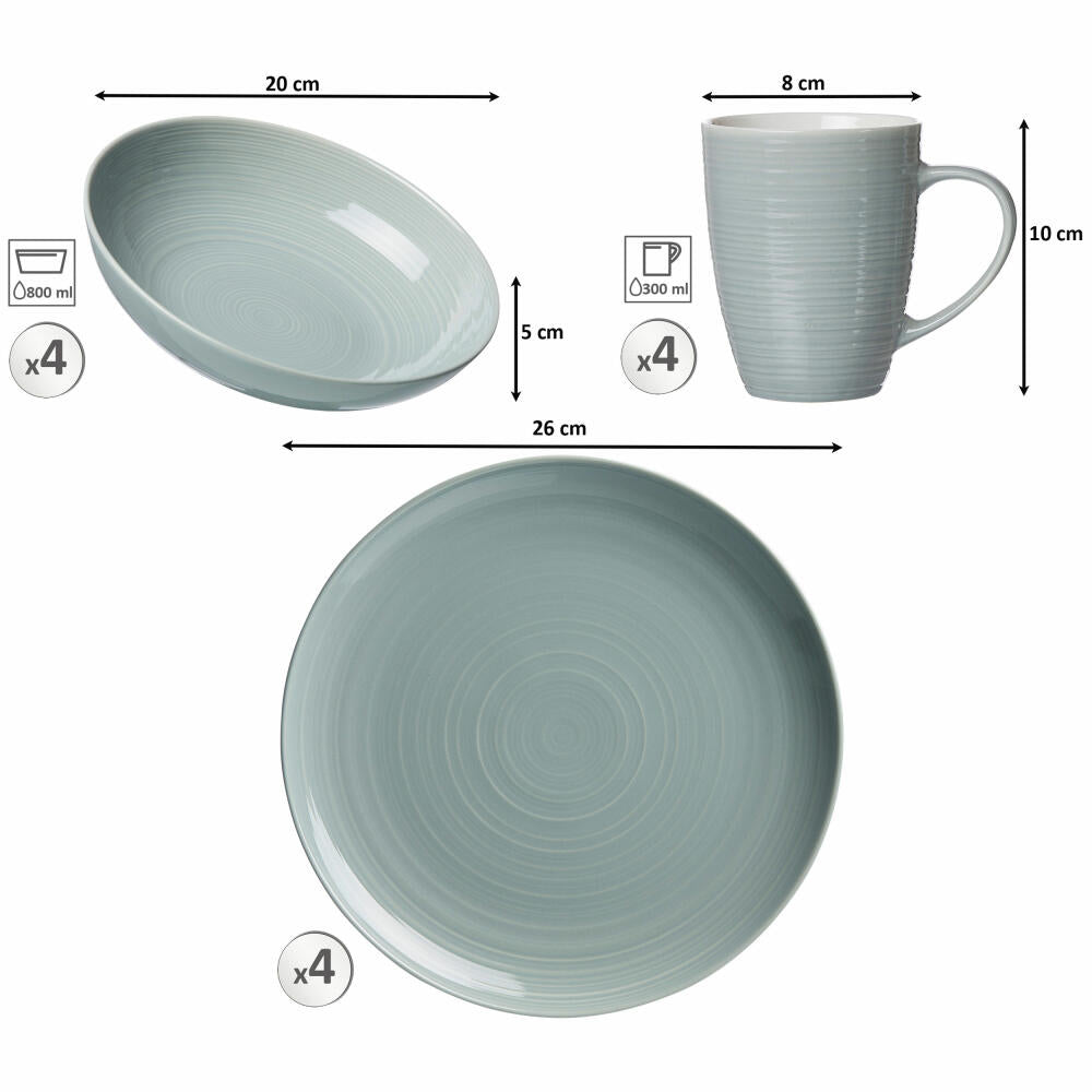 Ritzenhoff &amp; Breker combination set Suomi, 12-piece, combination service, tableware set, service, porcelain, gray blue, 318562