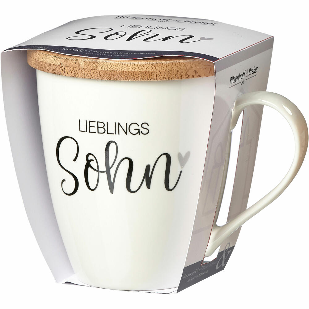 Ritzenhoff &amp; Breker Mug Family Son, with coaster, coffee mug, cup, with handle, porcelain, white, 560 ml, 416626
