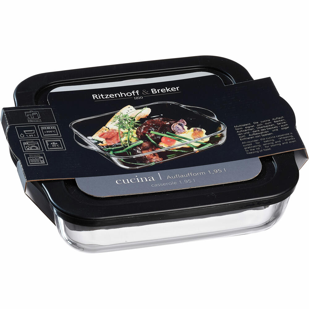 Ritzenhoff &amp; Breker casserole dish Cucina square, with lid, oven dish, casserole dish, glass, black, 1.95 L, 807233