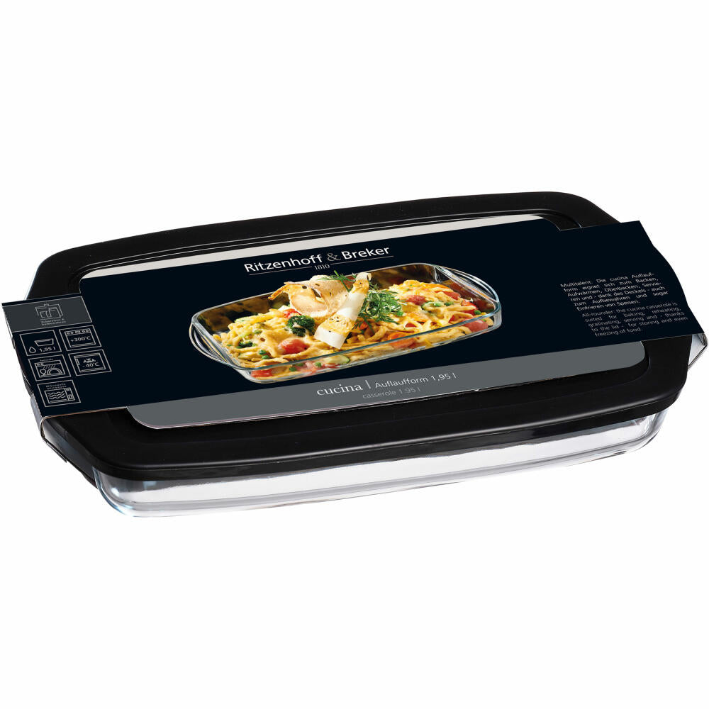 Ritzenhoff &amp; Breker Cucina Rectangular Baking Dish with Lid, Oven Dish, Baking Dish, Glass, Black, 1.95 L, 807257