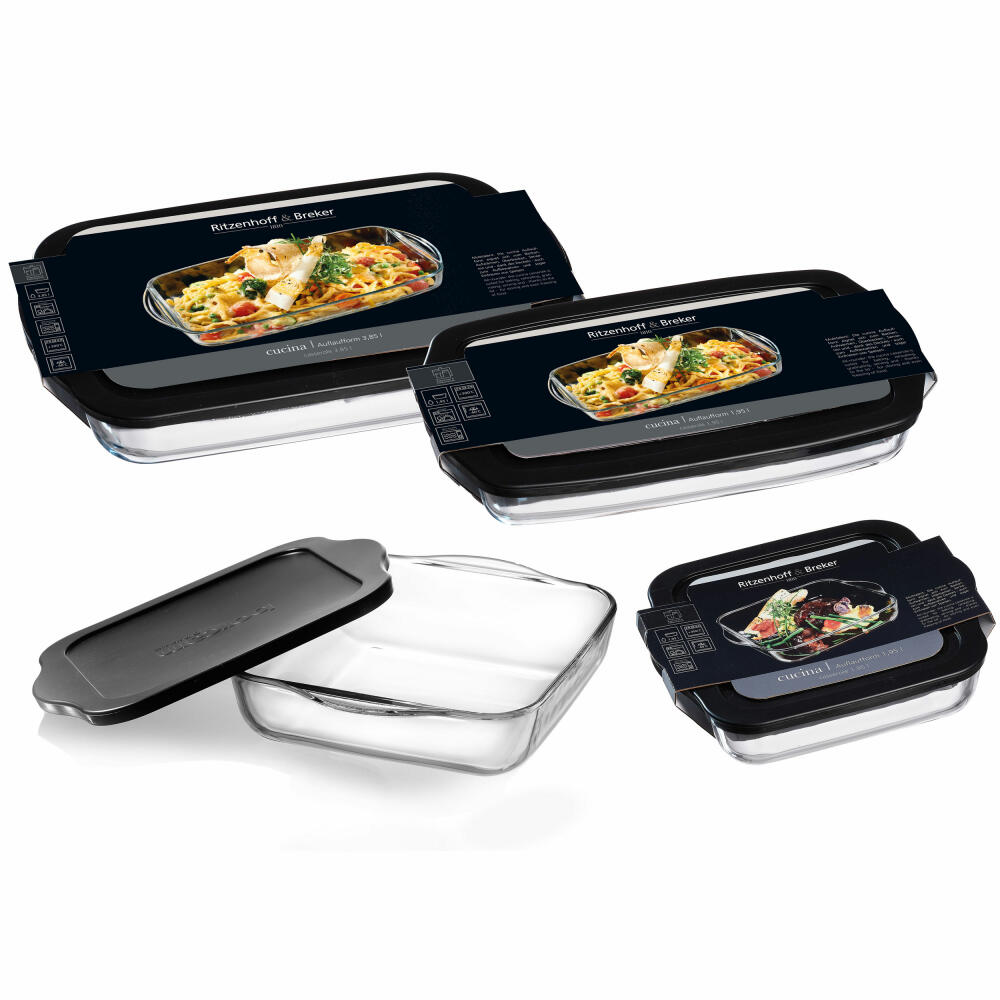 Ritzenhoff &amp; Breker casserole dish Cucina square, with lid, oven dish, casserole dish, glass, black, 1.95 L, 807233