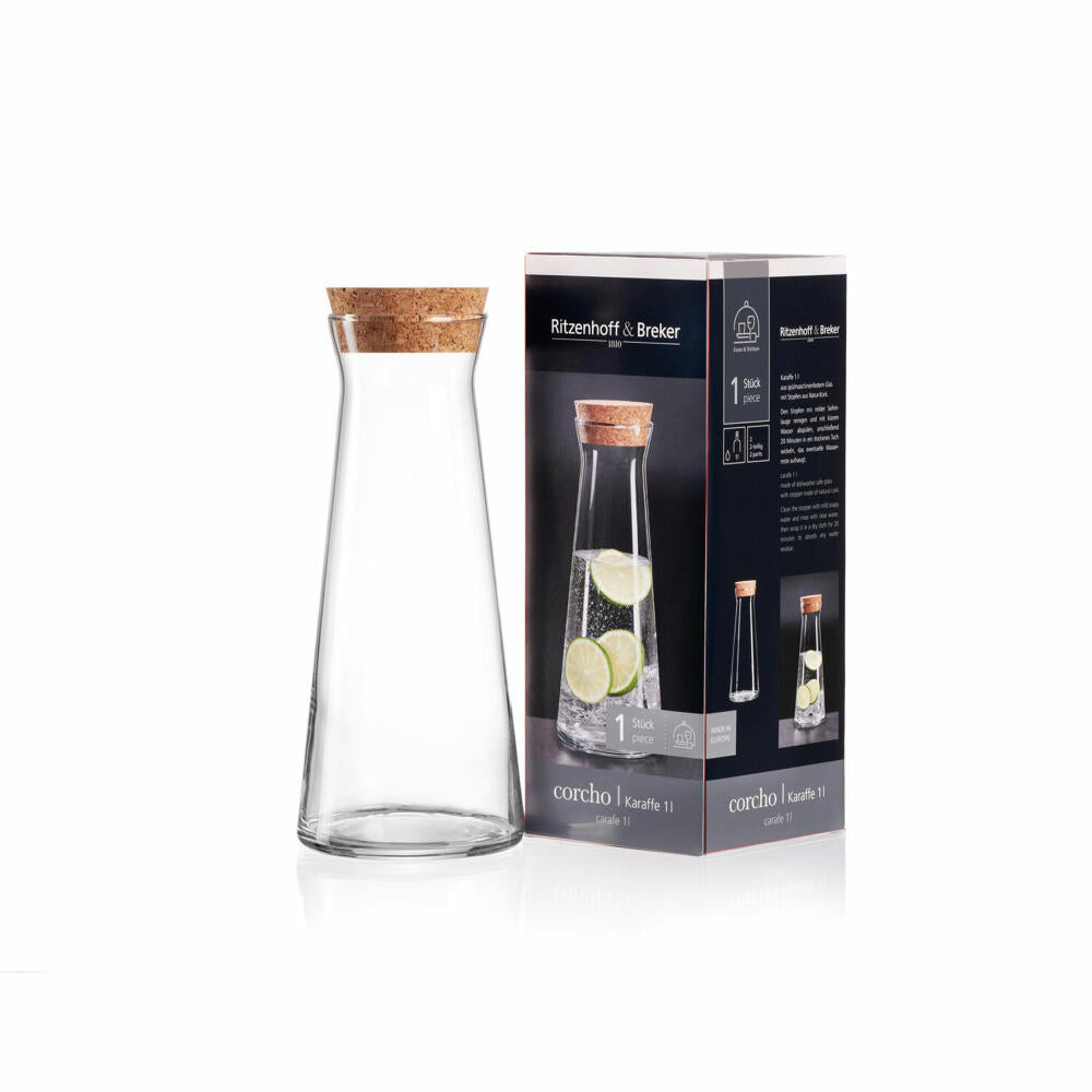 Ritzenhoff &amp; Breker Corcho carafe, with cork stopper, water carafe, glass carafe, glass, 1 L, 815450