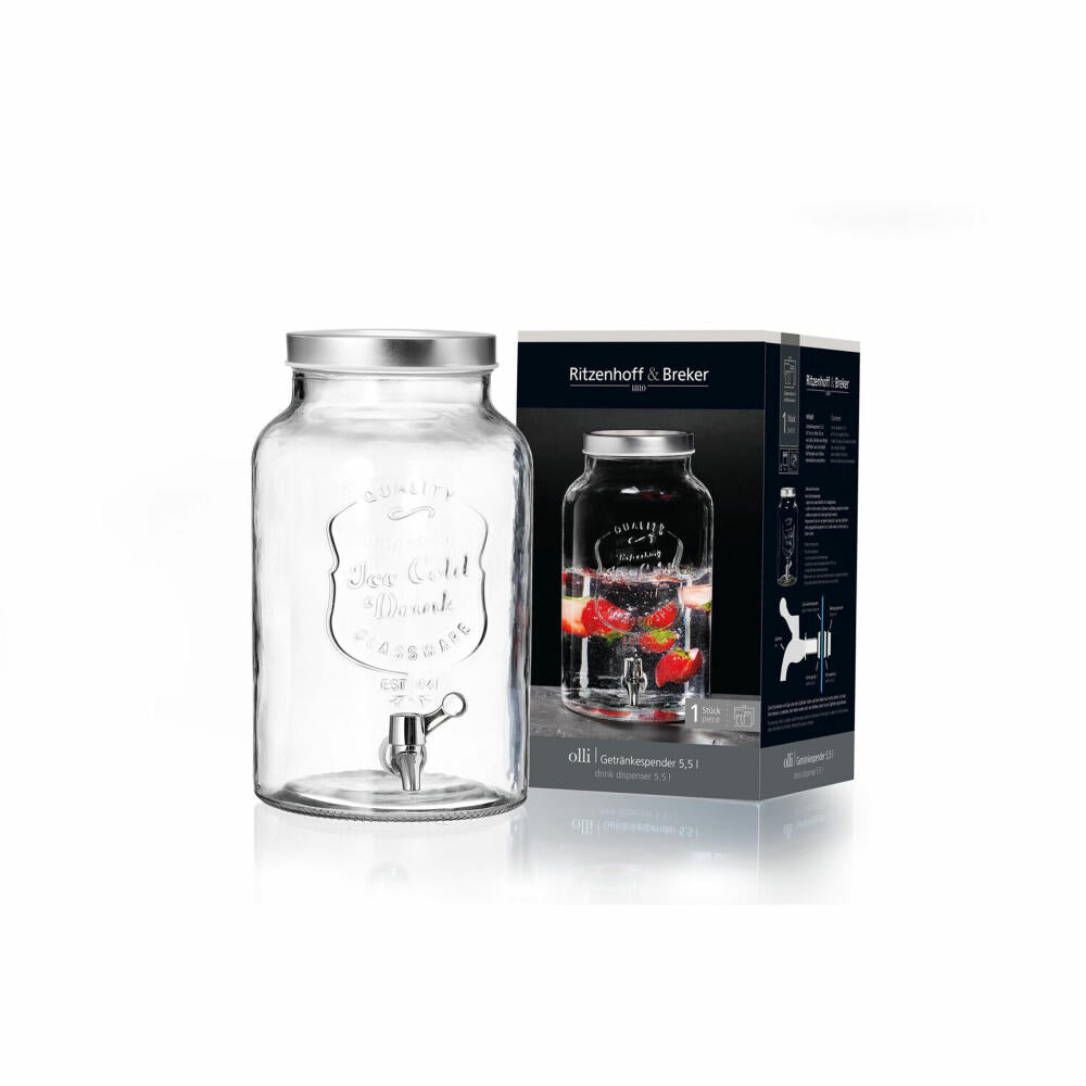 Ritzenhoff & Breker Olli Getränkespender, mit Zapfhahn, Wasserspender, Glas, 5.5 L, 818819