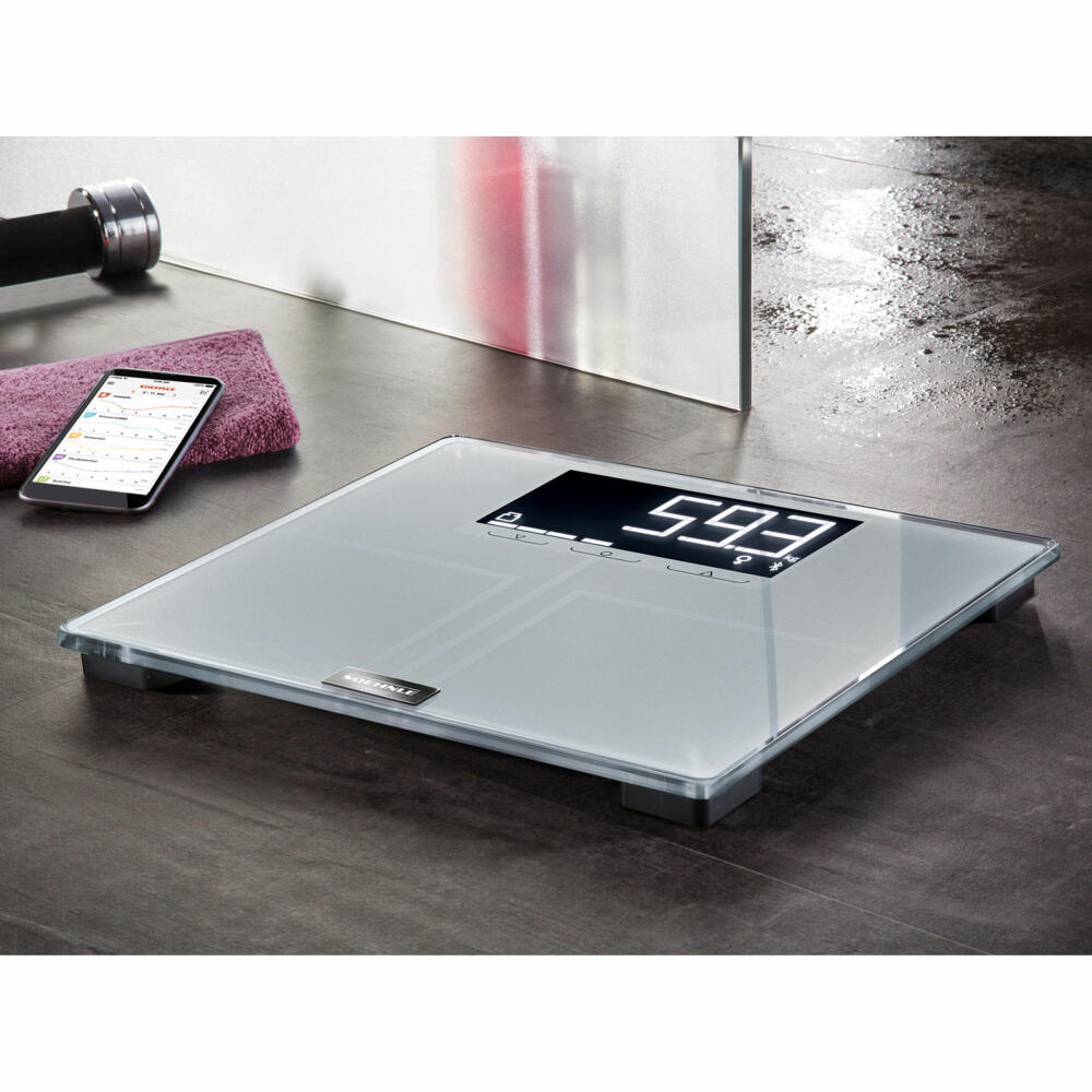 Soehnle Personenwaage Connect Shape Sense Connect 200 mit Bluetooth, Körperwaage, Sicherheitsglas, LCD-Display, Silber, 63873