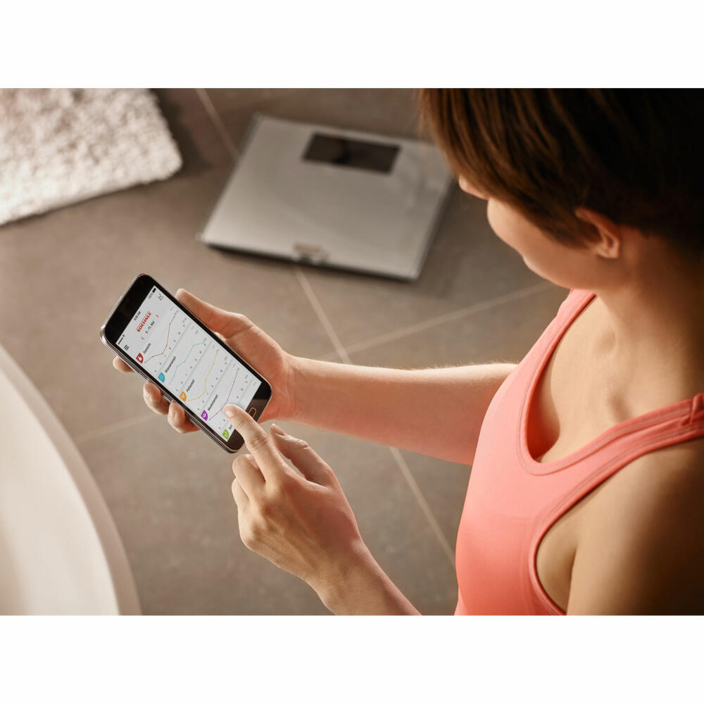 Soehnle Personenwaage Connect Shape Sense Connect 200 mit Bluetooth, Körperwaage, Sicherheitsglas, LCD-Display, Silber, 63873