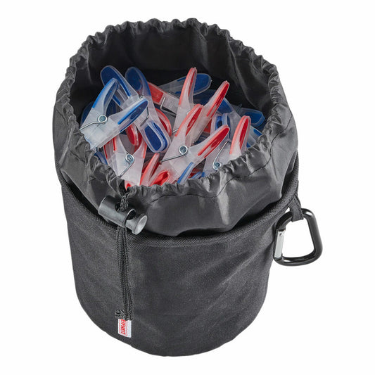 Leifheit Wäscheklammerbeutel mit Karabinerhaken, Wäscheklammer Beutel, Aufbewahrung für bis zu 100 Wäscheklammern, Ø 16 cm, Schwarz, 80031