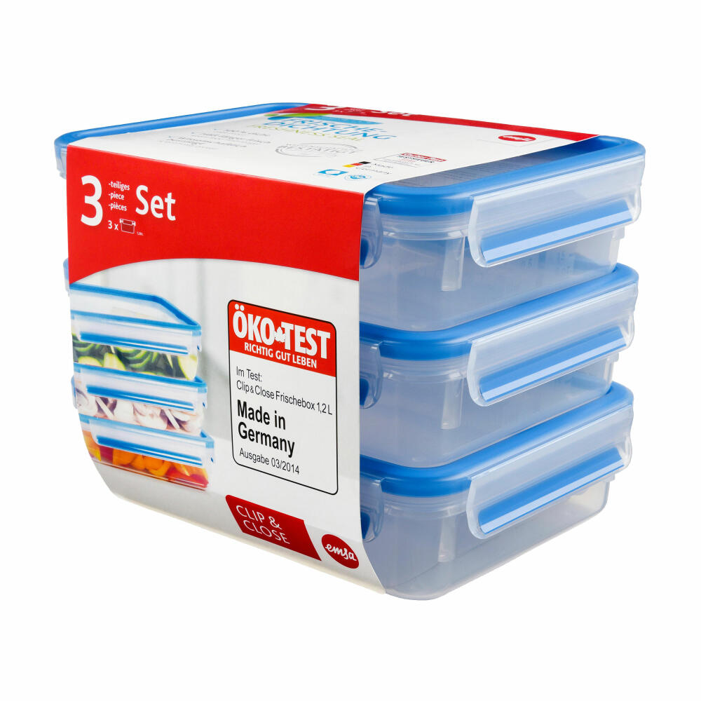Emsa Clip &amp; Close 2.0 food storage container, set of 3, food storage box, container, transparent, 1.2 L, 515645