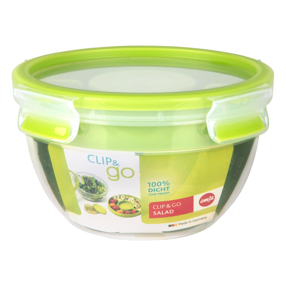 Emsa Clip & Go Salatbox rund, Frischhalte Box, Dose, Aufbewahrungsdose, Clipbox, Kunststoff, Grün, 1 L, 518097