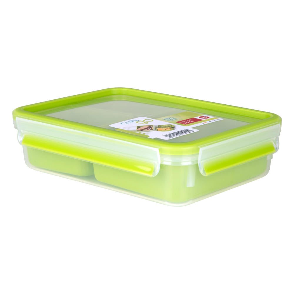 Emsa Clip & Go Lunchbox mit Gittereinsatz + Snackeinsatz, Frischhalte Box, Dose, Aufbewahrungsdose, Clipbox, Kunststoff, Grün, 1.2 L, 518100