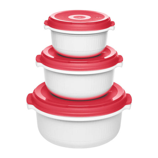 Emsa Mikrowellentopf Starter-Set Micro Family 3-tlg., Mikrowellen Topf, Schüssel, Küchenhelfer, Kunststoff, Weiß / Rot, 0.5 / 1 / 1.5 L, 518999