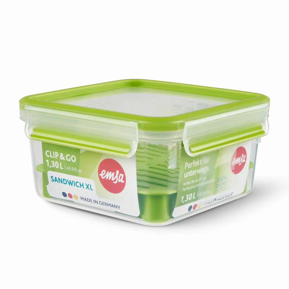Emsa Sandwichbox Clip & Go XL, Brotdose, Sandwichdose, mit Einsatz, Kunststoff, Grün, 1.3 Liter, N1071700