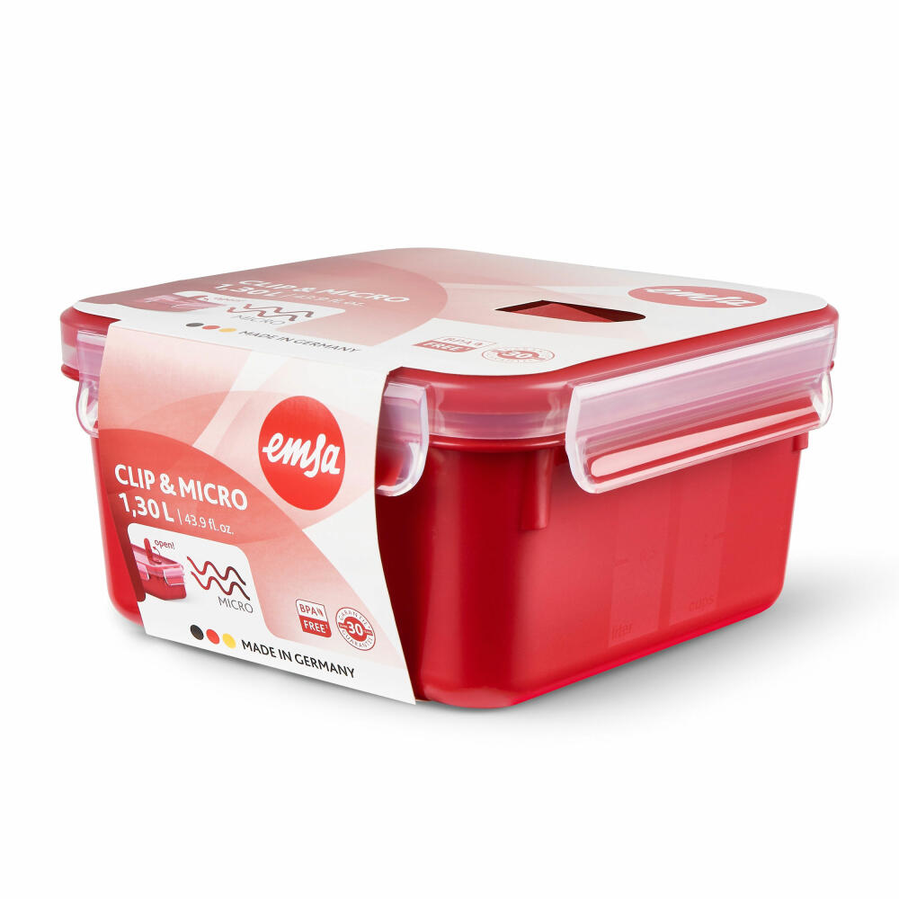 Emsa CLIP & MICRO Mikrowellendose Quadratisch, Lunchbox, Frischhaltedose, Kunststoff, Rot, 1.3 L, N1060400