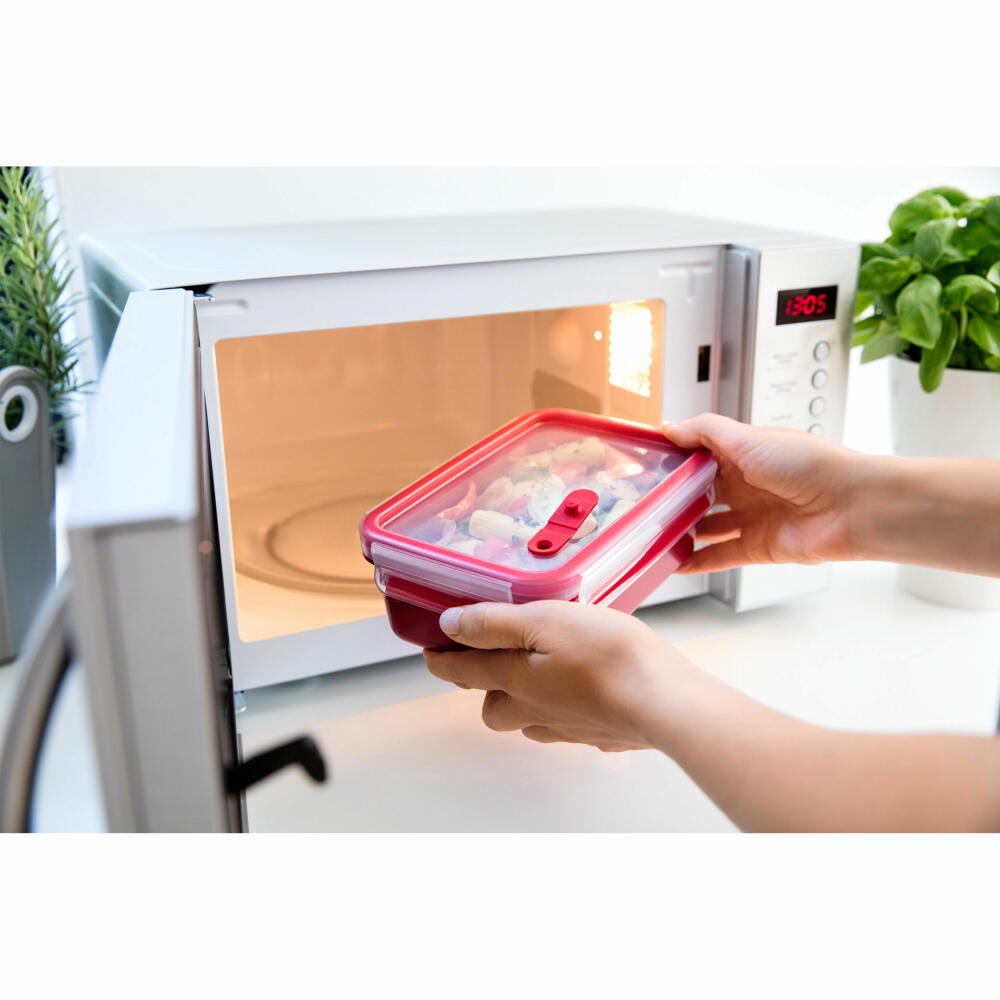 Emsa CLIP & MICRO Mikrowellendose Quadratisch, Lunchbox, Frischhaltedose, Kunststoff, Rot, 1.3 L, N1060400