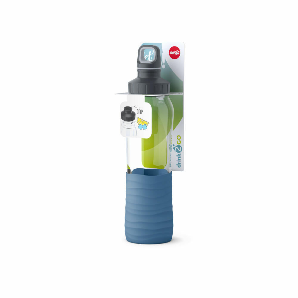 Emsa Glas-Trinkflasche Drink2Go, Trinkflasche, Wasserflasche, Glas mit Silikonmanschette, Aqua-blau, 700 ml, N3100200