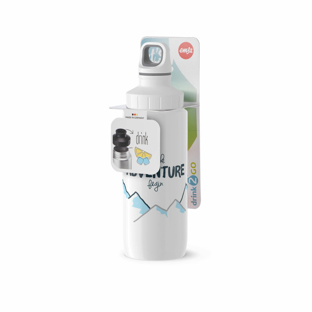 EMSA Drink2Go Trinkflasche, Wasserflasche, Flasche, Edelstahl, Weiß / Abenteuerdekor, 0.6 L, N30109