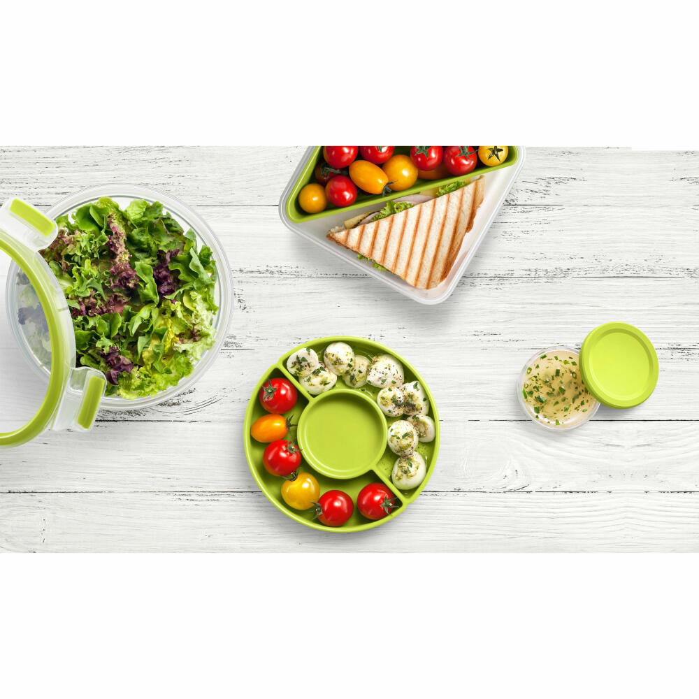 Emsa CLIP & GO Salatbox Rund mit Einsatz und Dressingbox, Lunchbox, Kunstoff, Transparent/Hellgrün, 2.6 L, N1071300